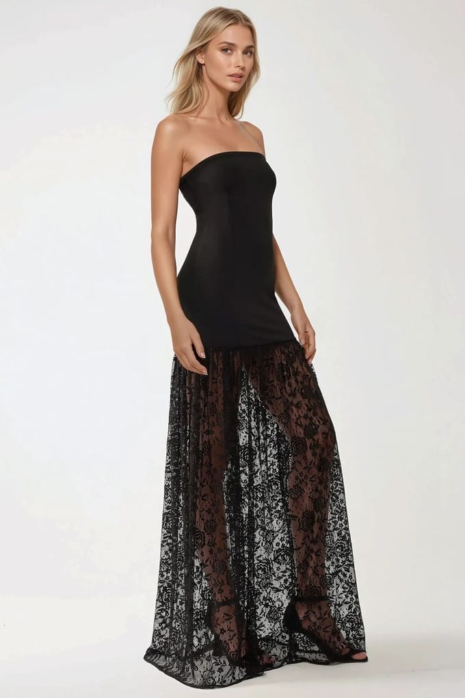 Halsloze Maxi Bodycon Jurk met Kantdetails