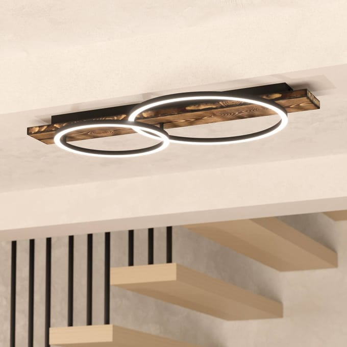 EGLO LED plafondlamp Boyal, bruin, lengte 78 cm, hout, 2-lamps.