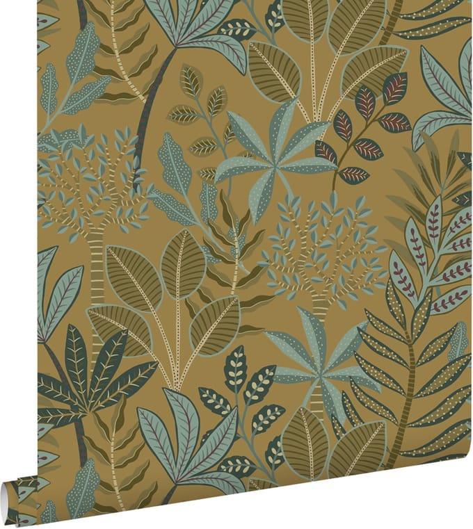 ESTAhome behang bladeren mosterdgeel - 50 x 900 cm - 139817