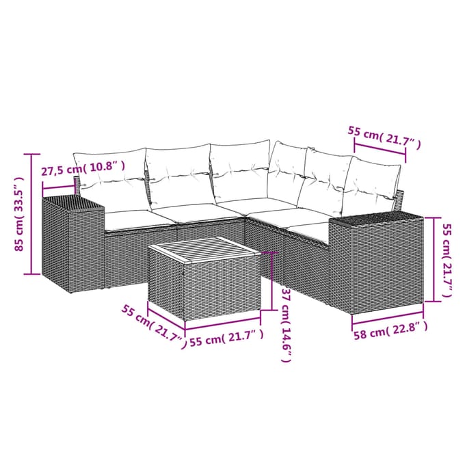 vidaXL - 6-delige - Loungeset - met - kussens - poly - rattan - beige