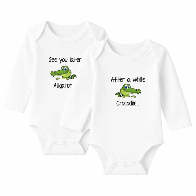 Romper Tweeling Set – See you later Alligator / After a while Crocodile – Wit – Lange mouw – Maat 62/68