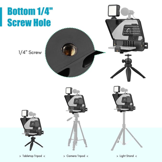 Andoer A10 draagbare smartphone DSLR-camera Teleprompter Prompter Kit met telefoonhouder LED-vulling zwart