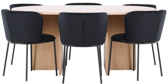 Strada eethoek uittrekbare tafel Ø120cm, 170cm en 6 stoelen whitewash, zwart.