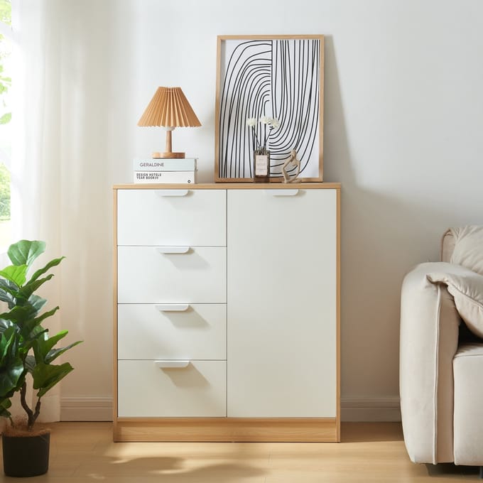 Commode Varkaus ladekast mdf met 4 lades 1 deur 90x80x40 cm eikenkleurig en wit [en.casa]