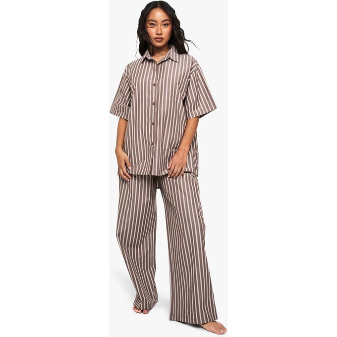 boohoo Dames Katoenen Tonale Gestreepte Pyjamabroek | Chocolate | Maat: 8