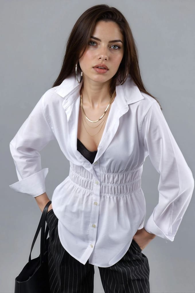 Langarm Button-Up Poplin Shirt met Gatherings Details