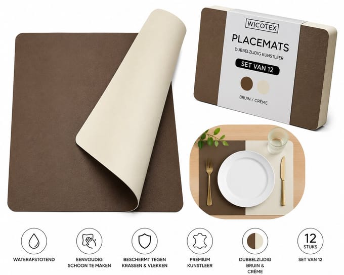 Wicotex - Placemats - Placemat Kunstleer Mokka - Wit Moon - Dubbelzijdig 12 stuks