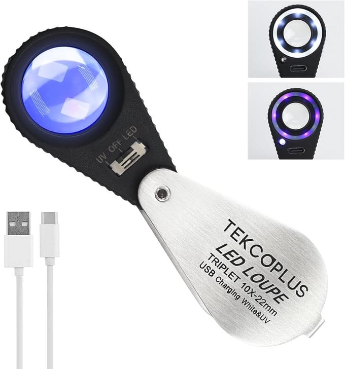 Loep met 10x Vergroting en UV & LED Verlichting - Draagbare Vergrootglas voor Edelstenen