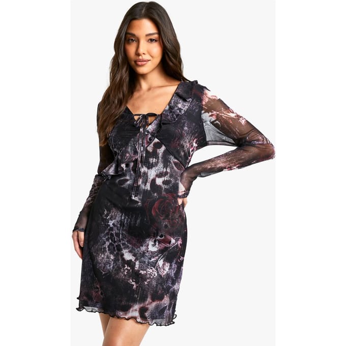 boohoo Dames Abstract Mesh Slare Sleeve Mini-jurk | Black | Maat: 10