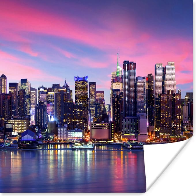 Poster Skyline - Water - Roze - New York - 30x30 cm