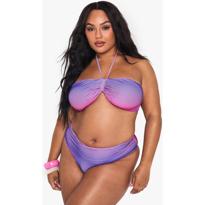 boohoo Dames PLUS TEXTURED STRIPE BANDEAU BIKINI | Violet | Maat: 52