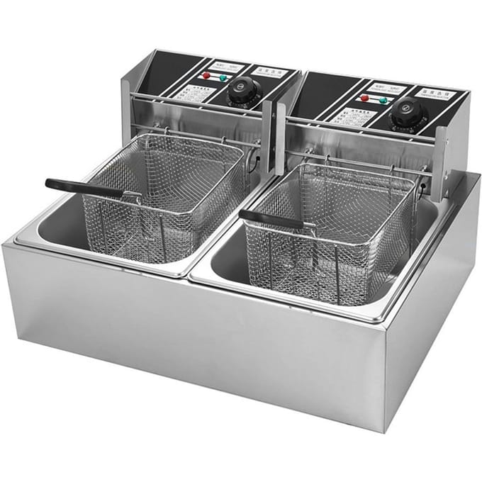 Aoresac Elektrische Frituurpan Dubbele Tank met 2 Manden Capaciteit 6L * 2 Elektrische Tafelmodel Frituurpan US Plug zilver