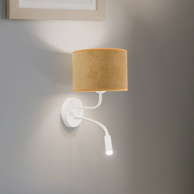 Duolla Wandlamp Roller, snoer, wit/mosterdgeel, leeslampje