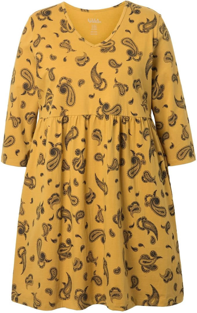 Ulla Popken - Dames - Longshirt A-lijn V-hals 3/4-mouwen zakken - Mosterd - Maat 54+