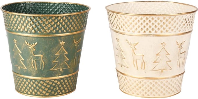 Dekoratief | Bloempot 'Deer & Tree', groen/wit, metaal, 17x17x16cm, set van 2 stuks | A255575