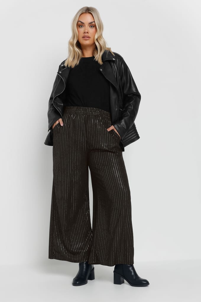 Yours Zwarte Folie Streep Wijde Broek Size 48