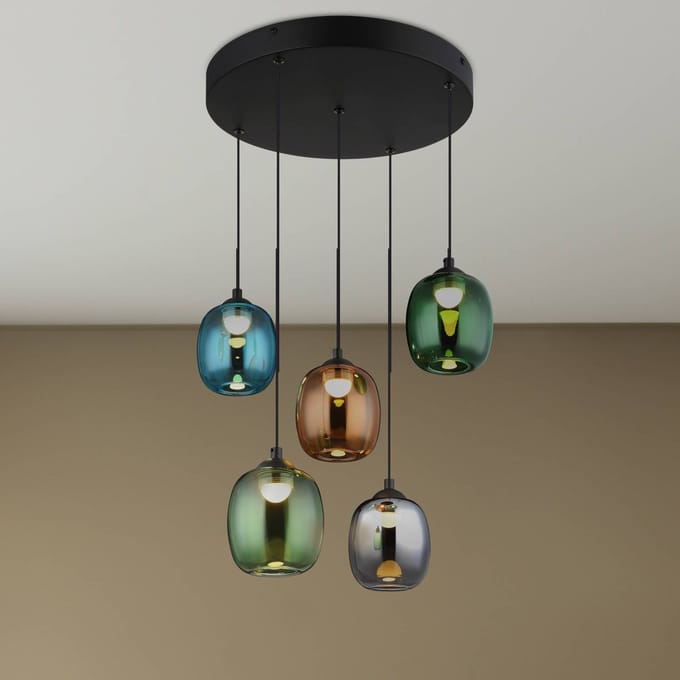 Globo LED hanglamp Minara, 5-lamps, Ø 43 cm, veelkleurig, glas