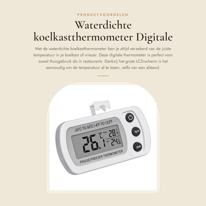 Dailygoods- Koelkastthermometer Waterdicht - Digitale Thermometer - Groot LCD-Scherm - Binnenthermometer - Multifunctioneel - Materiaal ABS