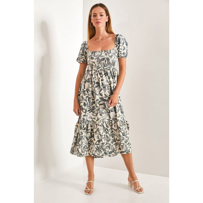 Bloemen Midi-jurk met Vierkante Kraag