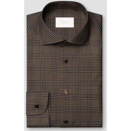 Eton Overhemd Super 120s Merino Wool Allover Mini Check Donker Bruin / male