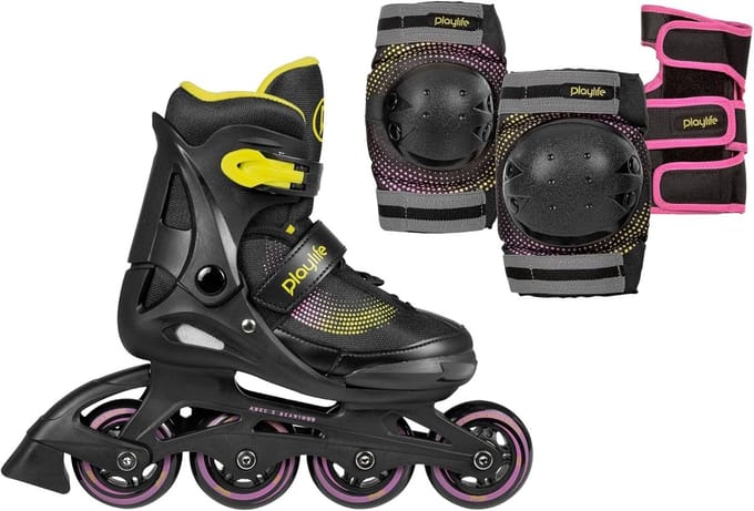Rolschaats Combo - Inline Skates Set - Kinderen Leren - Verstelbare Maat - 34-37 S - Geel Glow