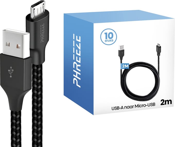 Grootverpakking micro usb kabels - 2m, nylon, stevig, zwart - Phreeze