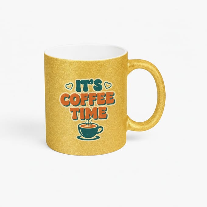 Gouden Glitter Mok 'It's Coffee Time' - Retro Design Koffiemok