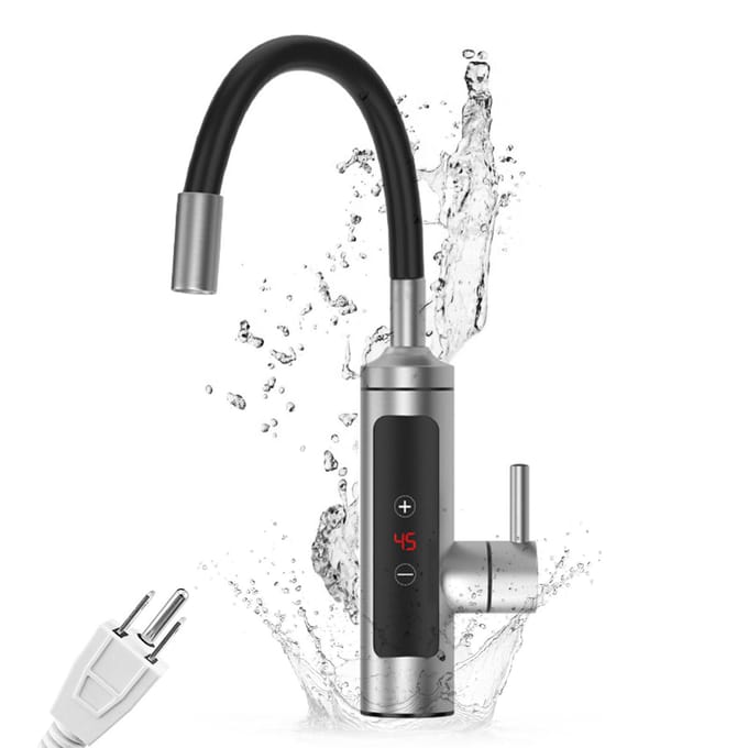 Direct Heetwaterkraan 3000W Elektrische Keuken Badkamer Wastafelkraan met LED Temperatuurweergave 360 graden Rotatie gray