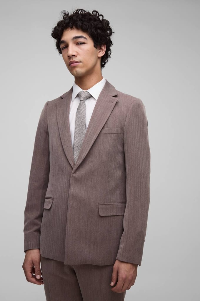 Slim Fit Herringbone Suit Blazer | Brown | Size Medium