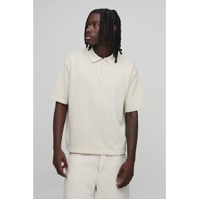 Oversized Boxy 1/4 Zip Cotton Blend Knitted Polo T-Shirt | Stone | Size XL