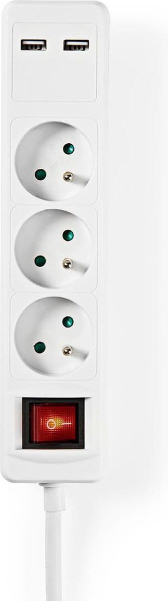 Nedis Stekkerdoos | 3-wegs + 2x USB | 1,5 m | Aan/uit-schakelaar | Wit