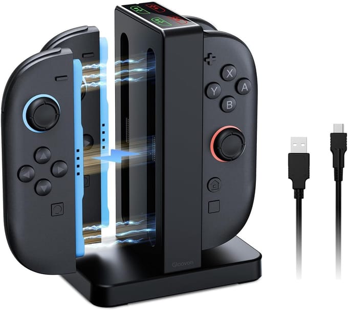 Gloovon® Magnetisch Oplaadstation geschikt voor Nintendo Switch 2 Joy-Con - 4 Controllers - LED Indicator & Audio Feedback - USB-C - Zwart