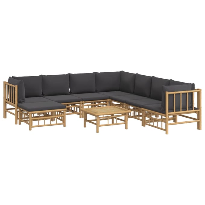vidaXL - 9-delige - Loungeset - met - kussens - bamboe - donkergrijs
