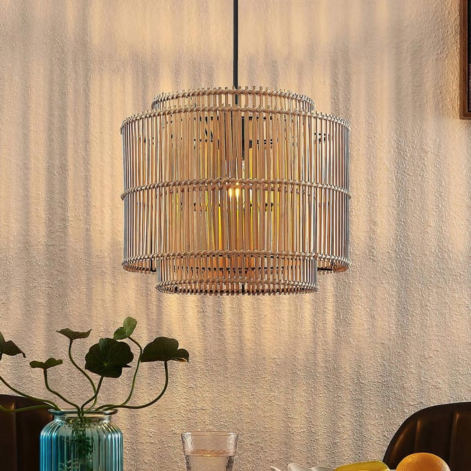 Lindby - Hanglamp - 1licht - Bamboe, staal - H: 32 cm - E27 - natuurlijk bamboe, zwart