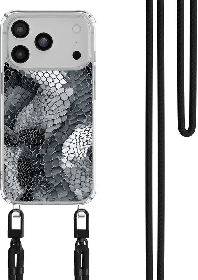 Casimoda® hoesje met zwart koord - Geschikt voor iPhone 17 Pro - Python Grijs - Afneembaar koord - TPU/polycarbonaat - Grijs