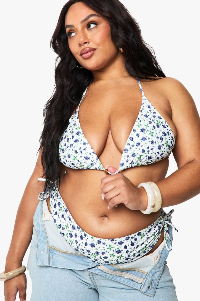 boohoo Dames Plus Ditsy Floral Kralenversierde Driehoek Bikini Top | Violet | Maat: 56