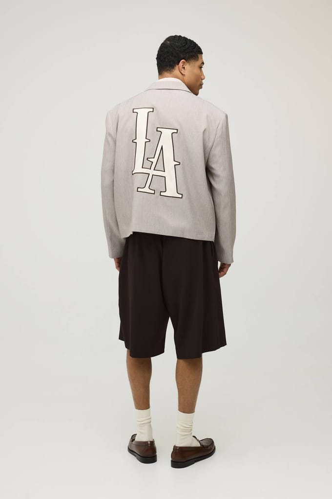 Herringbone LA Back Applique Oversized Boxy Blazer | Chocolate | Size 44