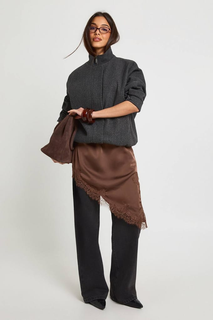 boohoo Dames Trechter Hals Wollen Look Bomber Jas | Charcoal | Maat: 16