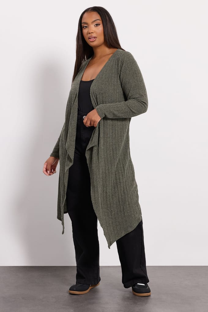 Yours Khaki Groen Geribbeld Midaxi Waterval Cardigan Size 46