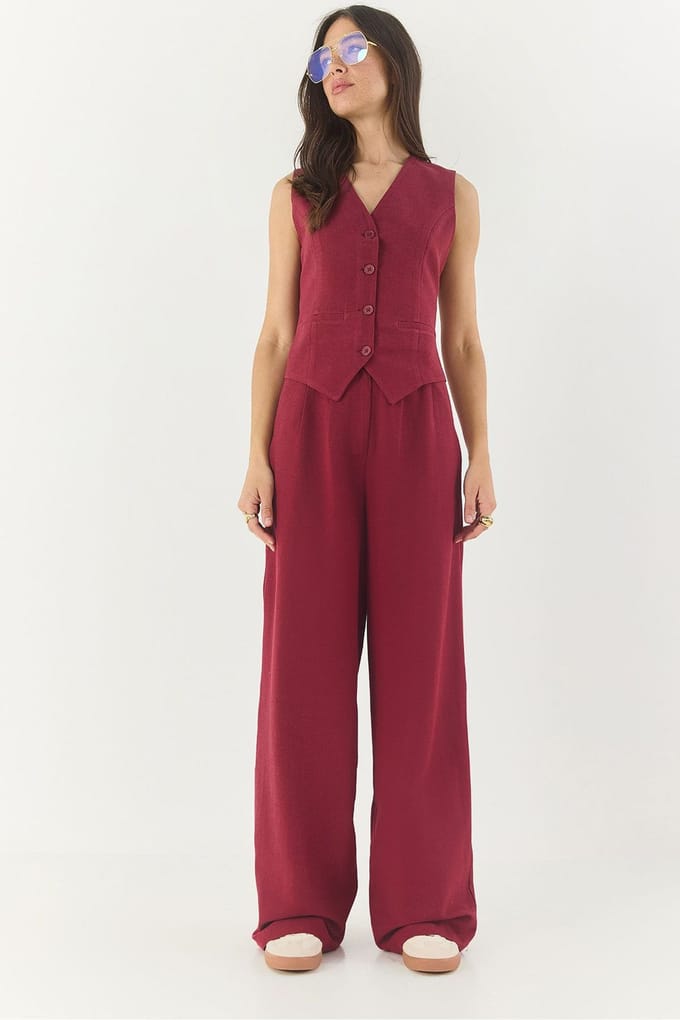V-hals Vest en Wijde Pantalon Twee-delige Coord Set