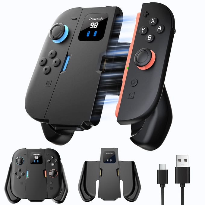 Transnovo Charging Grip Pro Joycon 1400mAh powerbank met magnetisch link geschikt voor Nintendo Switch 2 controller | Switch-controllers Joy con oplader incl. display | USB C kabel charger | Console accessoires