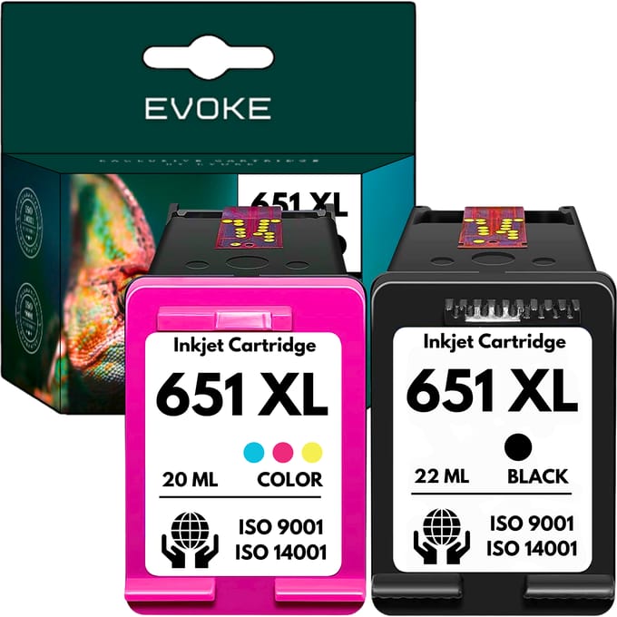 Evoke Compatibele Inkt voor Hp 651XL Hp651 C2P10Ae C2P11Ae 2X: Zwart+Tri-Color Cmy Cyaan Magenta Geel 42 ml 4300 Pagina's Officejet 202 202C 250 252 Mobile; Deskjet Ink Advantage 5575 5645