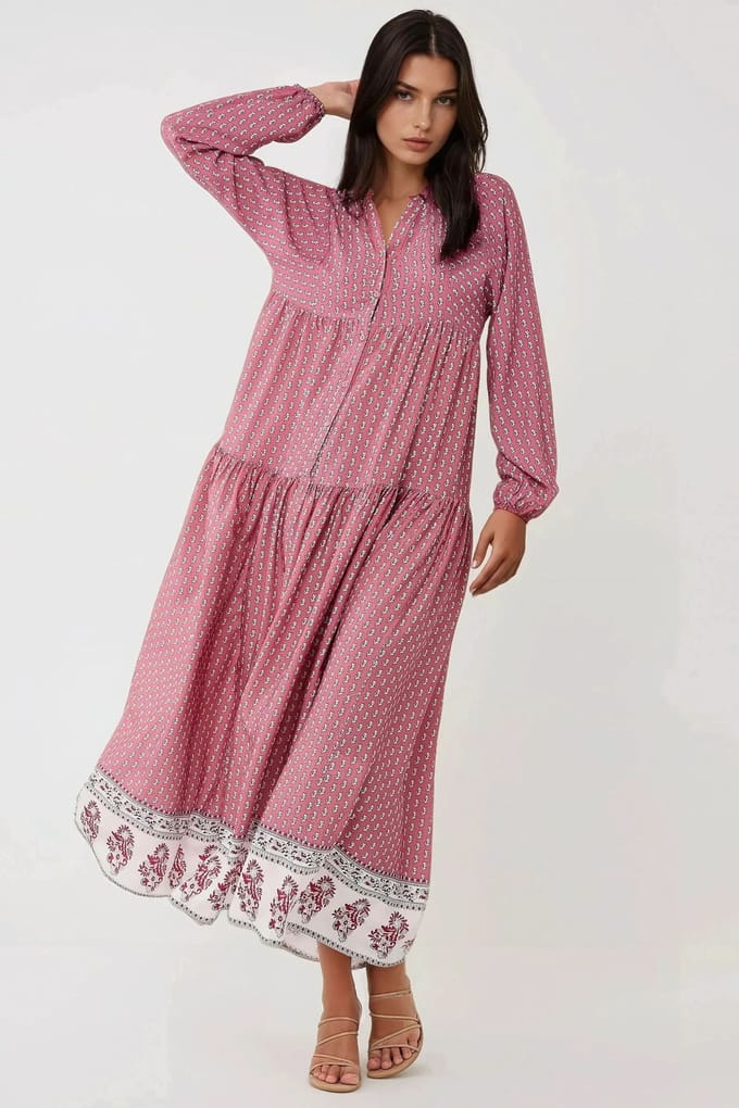 Geprinte V-Hals Maxi Jurk
