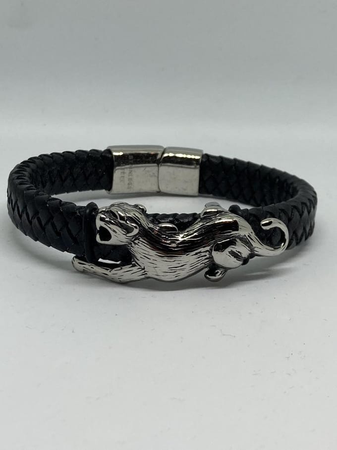 RH-Jewelry. Lederen armband met stalen panter. 22 cm