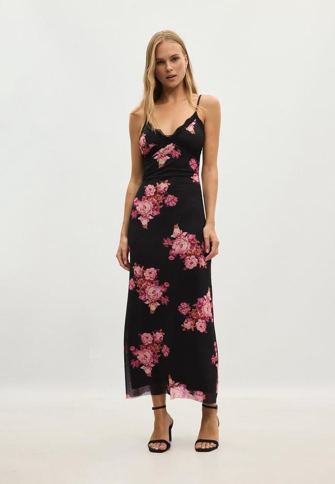 Stradivarius Midi-jurk van tule met kant en print  Zwart L