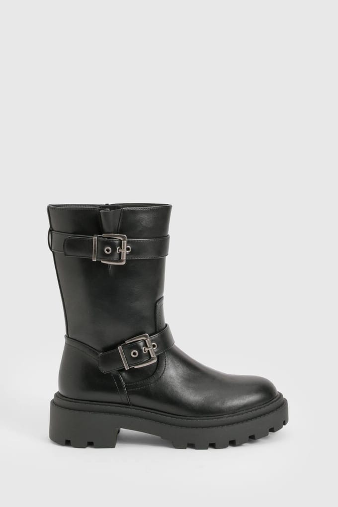 boohoo Dames Hiker Boots met Dubbele Gesp Details | Black | Maat: 8
