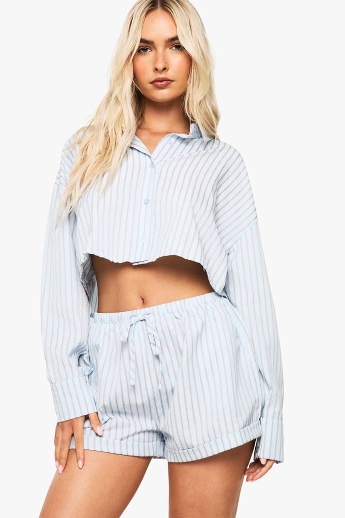 boohoo Dames Strepen Seersucker Turn Up Shorts | Blue | Maat: 6