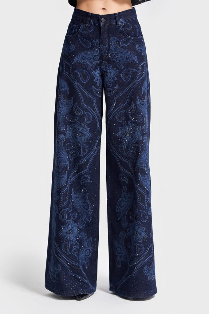 It's Basic - Rhinestone Printed Palazzo Jeans
