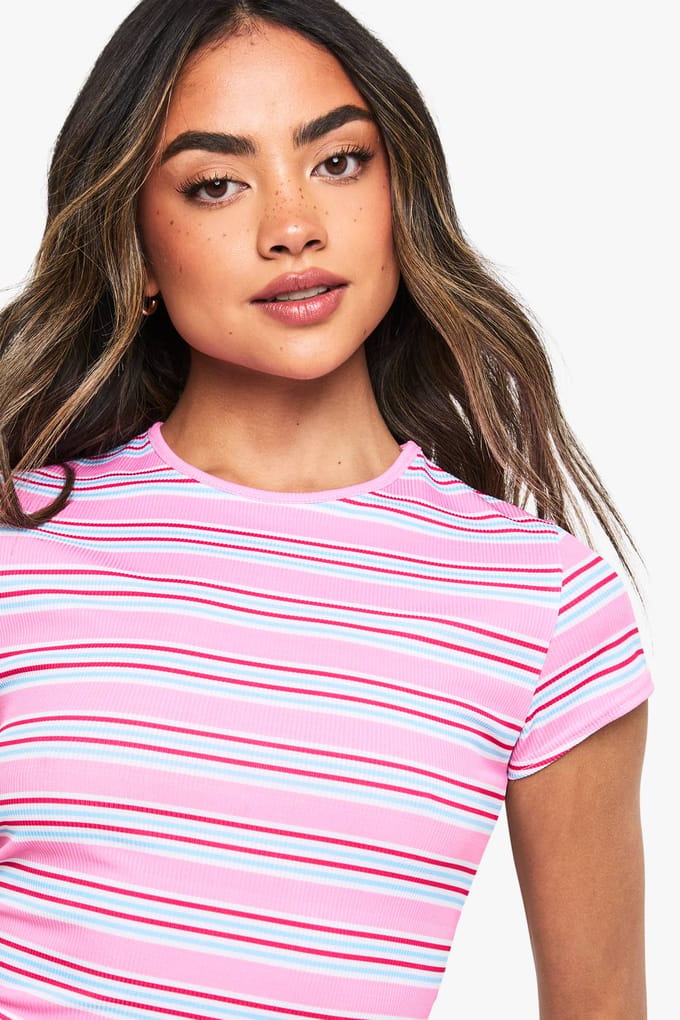 boohoo Dames Gestreepte Rib Cap Sleeve Baby Tee | Roze | Maat: 34