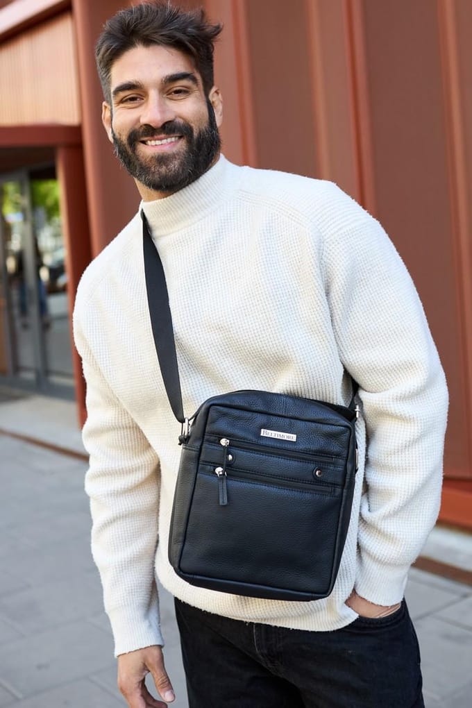 Leren Herentas Schoudertas Kleine Crossbody Zwart Elegante Beltimore
